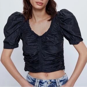 Zara Puff Sleeve Cropped Draped Ruched Black Blouse Top